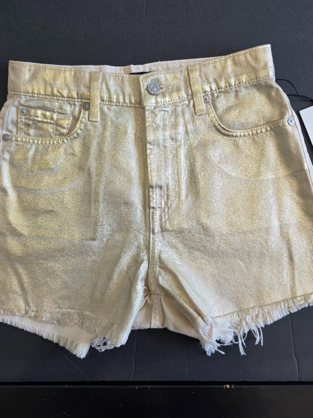 7 For All Mankind High Rise Cut Off Metallic Gold Denim Shorts Size 25